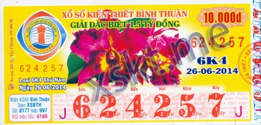 Mẫu vé sô xổ số Bình Thuận ngày 26/6/2014