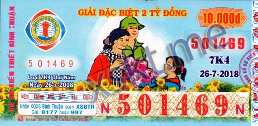 Mẫu vé sô xổ số Bình Thuận ngày 26/7/2018
