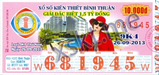 Mẫu vé sô xổ số Bình Thuận ngày 26/9/2013