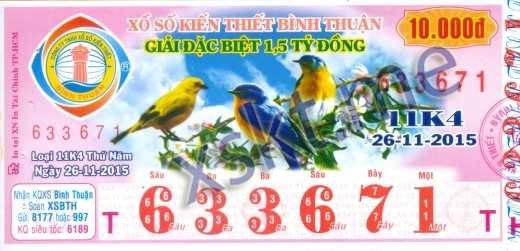 Mẫu vé sô xổ số Bình Thuận ngày 26/11/2015