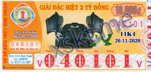 Mẫu vé sô xổ số Bình Thuận ngày 26/11/2020