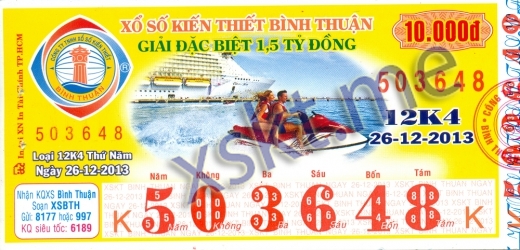 Mẫu vé sô xổ số Bình Thuận ngày 26/12/2013