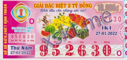 Mẫu vé sô xổ số Bình Thuận ngày 27/1/2022