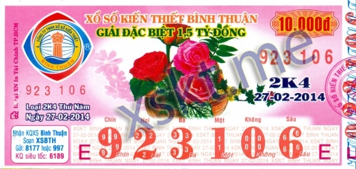 Mẫu vé sô xổ số Bình Thuận ngày 27/2/2014