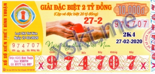 Mẫu vé sô xổ số Bình Thuận ngày 27/2/2020