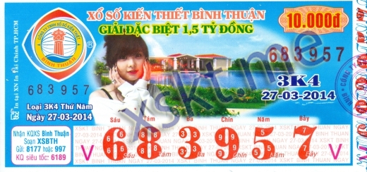 Mẫu vé sô xổ số Bình Thuận ngày 27/3/2014