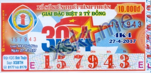 Mẫu vé sô xổ số Bình Thuận ngày 27/4/2017