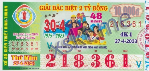 Mẫu vé sô xổ số Bình Thuận ngày 27/4/2023