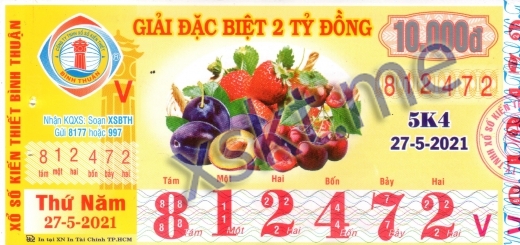 Mẫu vé sô xổ số Bình Thuận ngày 27/5/2021