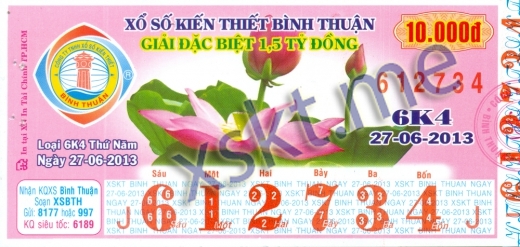 Mẫu vé sô xổ số Bình Thuận ngày 27/6/2013