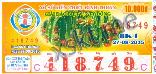 Mẫu vé sô xổ số Bình Thuận ngày 27/8/2015
