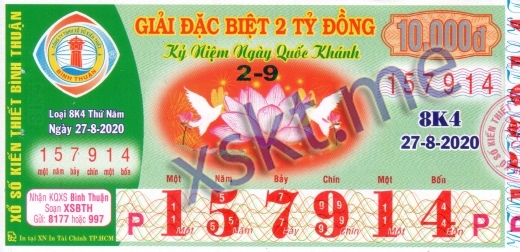 Mẫu vé sô xổ số Bình Thuận ngày 27/8/2020