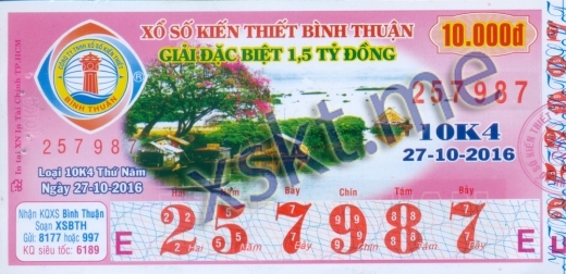 Mẫu vé sô xổ số Bình Thuận ngày 27/10/2016