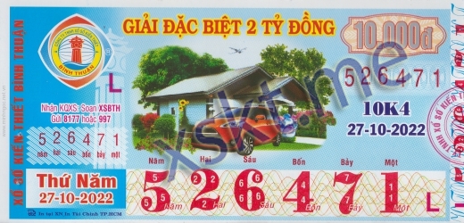 Mẫu vé sô xổ số Bình Thuận ngày 27/10/2022