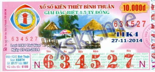 Mẫu vé sô xổ số Bình Thuận ngày 27/11/2014