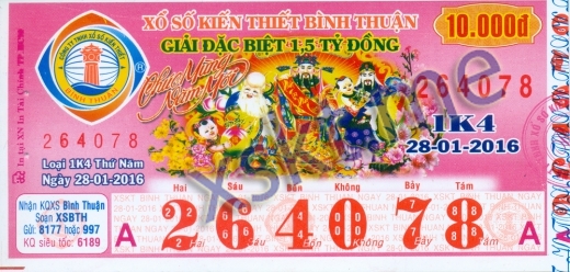 Mẫu vé sô xổ số Bình Thuận ngày 28/1/2016