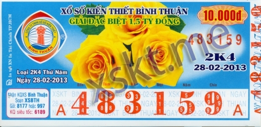 Mẫu vé sô xổ số Bình Thuận ngày 28/2/2013