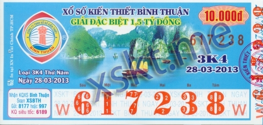Mẫu vé sô xổ số Bình Thuận ngày 28/3/2013