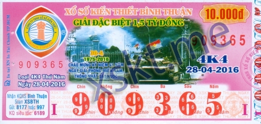 Mẫu vé sô xổ số Bình Thuận ngày 28/4/2016