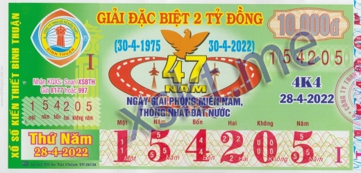 Mẫu vé sô xổ số Bình Thuận ngày 28/4/2022