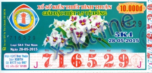 Mẫu vé sô xổ số Bình Thuận ngày 28/5/2015