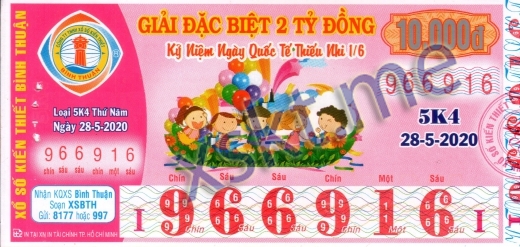 Mẫu vé sô xổ số Bình Thuận ngày 28/5/2020