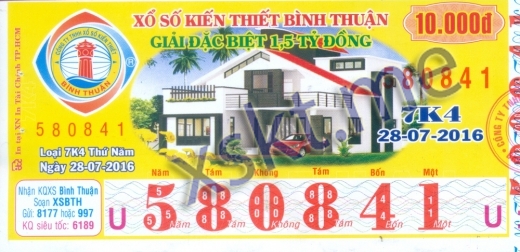 Mẫu vé sô xổ số Bình Thuận ngày 28/7/2016