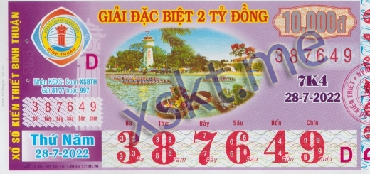 Mẫu vé sô xổ số Bình Thuận ngày 28/7/2022