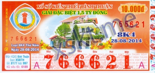 Mẫu vé sô xổ số Bình Thuận ngày 28/8/2014
