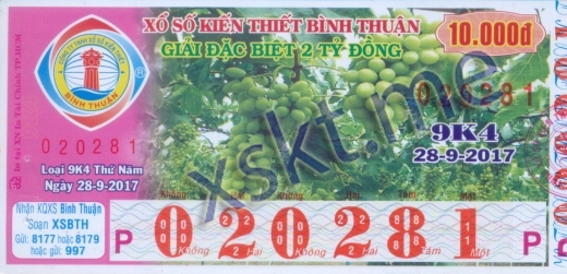 Mẫu vé sô xổ số Bình Thuận ngày 28/9/2017