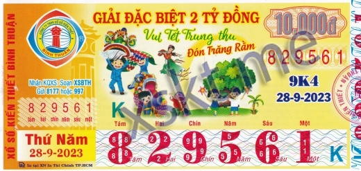 Mẫu vé sô xổ số Bình Thuận ngày 28/9/2023