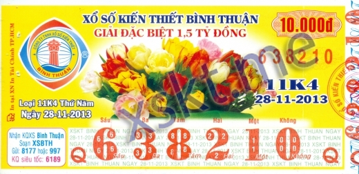 Mẫu vé sô xổ số Bình Thuận ngày 28/11/2013