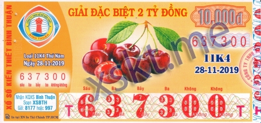 Mẫu vé sô xổ số Bình Thuận ngày 28/11/2019