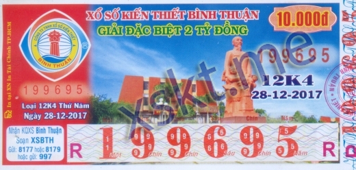 Mẫu vé sô xổ số Bình Thuận ngày 28/12/2017