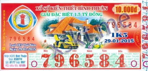 Mẫu vé sô xổ số Bình Thuận ngày 29/1/2015