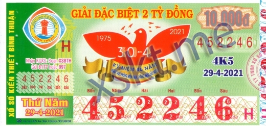 Mẫu vé sô xổ số Bình Thuận ngày 29/4/2021
