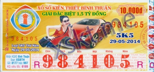 Mẫu vé sô xổ số Bình Thuận ngày 29/5/2014