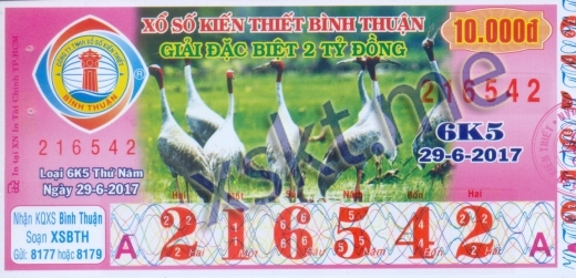 Mẫu vé sô xổ số Bình Thuận ngày 29/6/2017