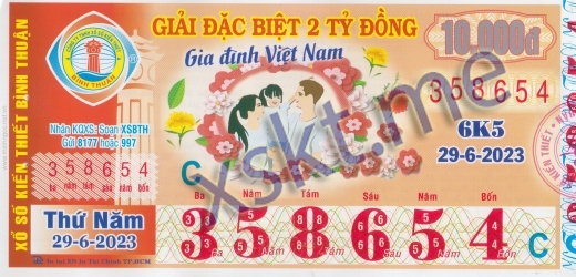 Mẫu vé sô xổ số Bình Thuận ngày 29/6/2023