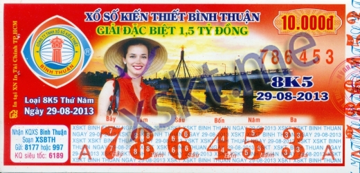 Mẫu vé sô xổ số Bình Thuận ngày 29/8/2013