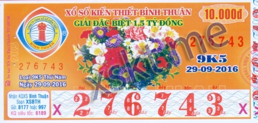 Mẫu vé sô xổ số Bình Thuận ngày 29/9/2016