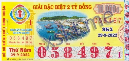 Mẫu vé sô xổ số Bình Thuận ngày 29/9/2022