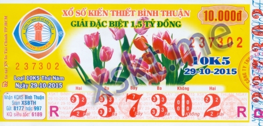 Mẫu vé sô xổ số Bình Thuận ngày 29/10/2015
