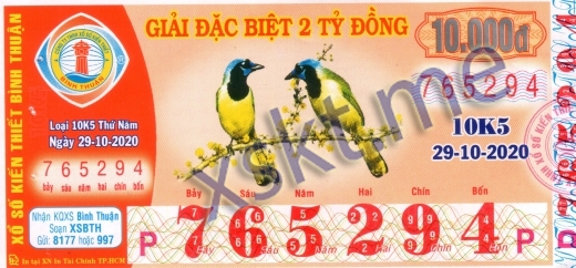 Mẫu vé sô xổ số Bình Thuận ngày 29/10/2020
