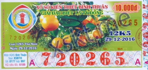 Mẫu vé sô xổ số Bình Thuận ngày 29/12/2016
