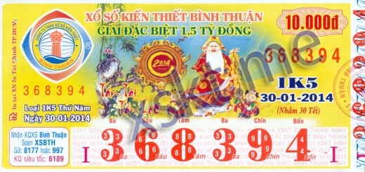 Mẫu vé sô xổ số Bình Thuận ngày 30/1/2014