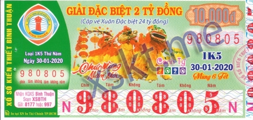 Mẫu vé sô xổ số Bình Thuận ngày 30/1/2020