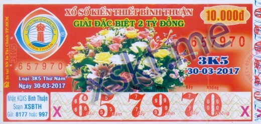 Mẫu vé sô xổ số Bình Thuận ngày 30/3/2017