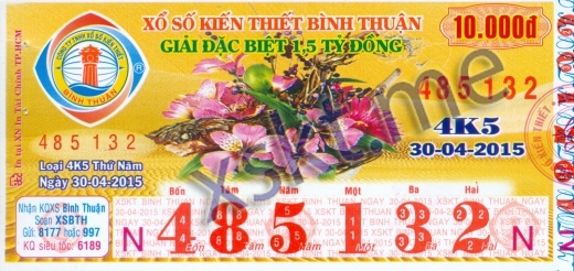 Mẫu vé sô xổ số Bình Thuận ngày 30/4/2015