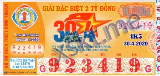 Mẫu vé sô xổ số Bình Thuận ngày 30/4/2020
